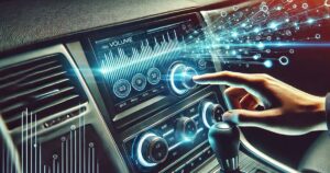 An image of the inside of a car dash with a person's hand adjusting the radio
