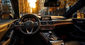 The inside of a car showing the dash and a veiw of a city through the windshield