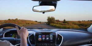The view from inside a car of a drive in the country