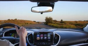The view from inside a car of a drive in the country