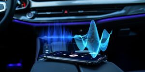 The inside of a car with a cellphone sitting on the middle armrest
