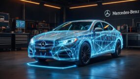 A Mercedes in a garage with a futuristic system coating it