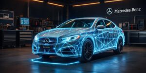 A Mercedes in a garage with a futuristic system coating it
