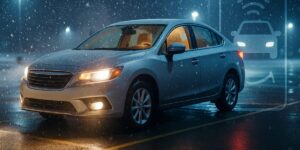 A car warming up in the snow