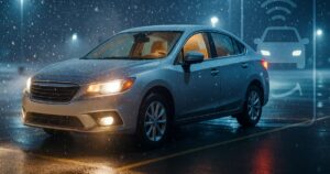 A car warming up in the snow