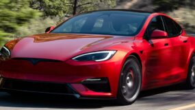 A red tesla parked under shady trees