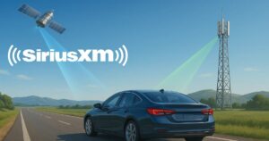 A satellite and radio tower sending waves to a vehicle on a road