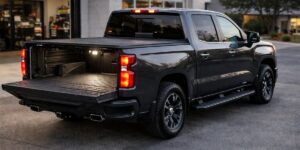 A black truck with a bed cover and its tailgate down