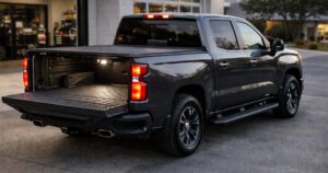 A black truck with a bed cover and its tailgate down