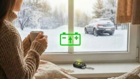 A woman watching her car warm up in the snow from a widow in her house