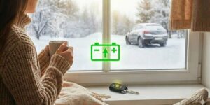 A woman watching her car warm up in the snow from a widow in her house