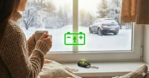 A woman watching her car warm up in the snow from a widow in her house