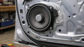 A car door with a speaker being installed