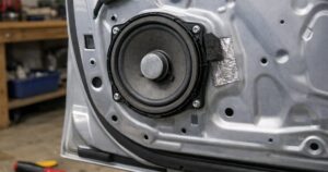 A car door with a speaker being installed