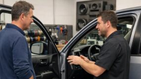Two men speaking to each other about a car