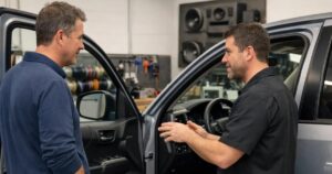 Two men speaking to each other about a car