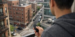 A man in an apartment looking down at a street pointing his remote starter down at the street