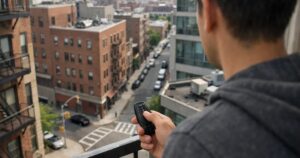 A man in an apartment looking down at a street pointing his remote starter down at the street