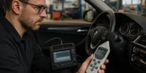 A man with glasses sitting in the driver seat of a vehicle looking at a noise reader