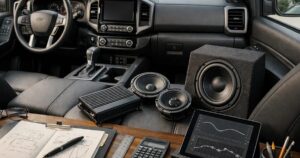 The interior of a vehicle with a desk, car audio speakers and equipment, a tablet and calculating supplies