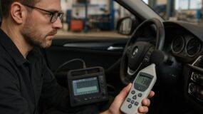 A man sitting in a car holding a device to take sound readings on