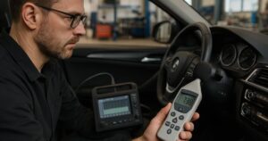 A man sitting in a car holding a device to take sound readings on